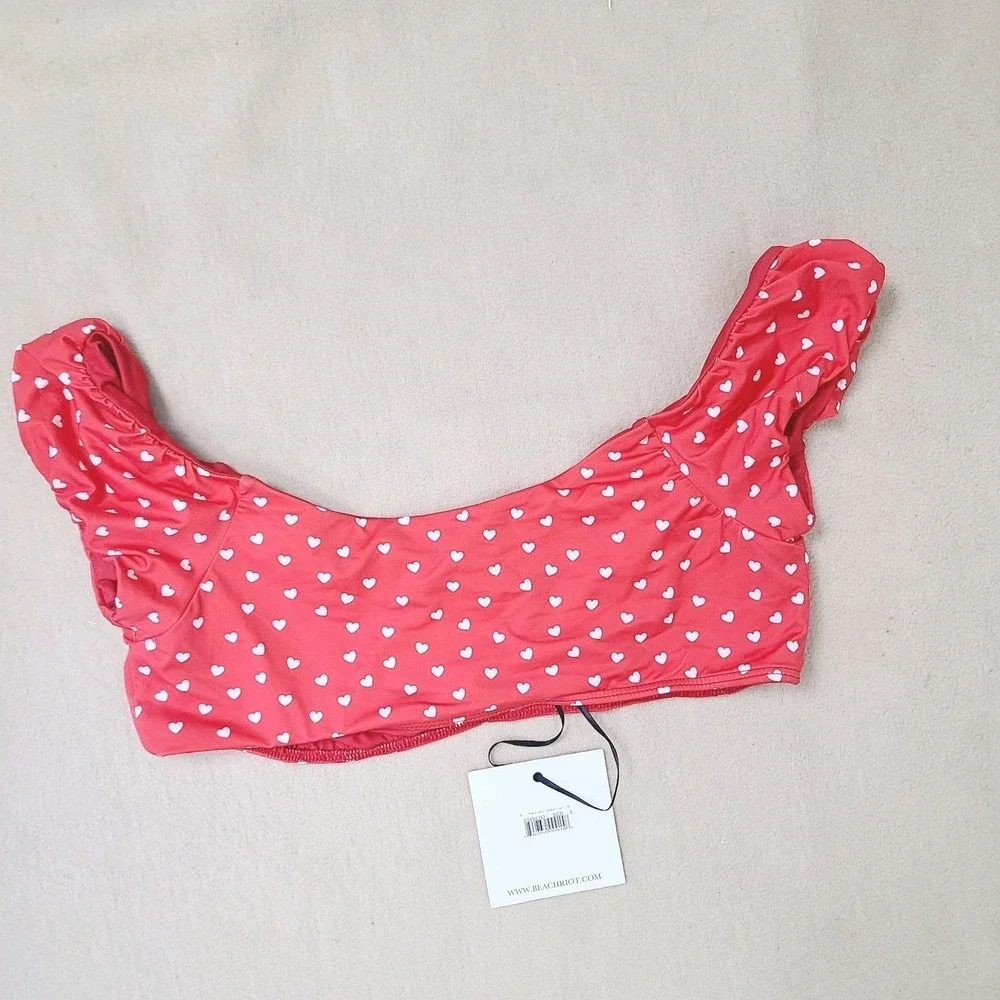 NEW Beach Riot Bikini‎ Top L Red White Hearts Off Shoulder Swim Top Retro Y2K